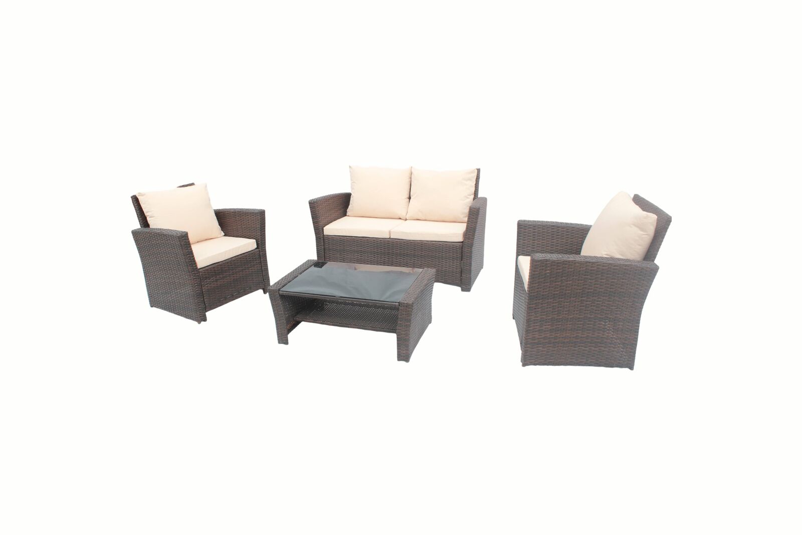 Product photograph of Amanda Brown Beige Rattan Garden 2 Seater Sofa And 2 Armchairs With Coffee Table from Chesterfield Sofas.