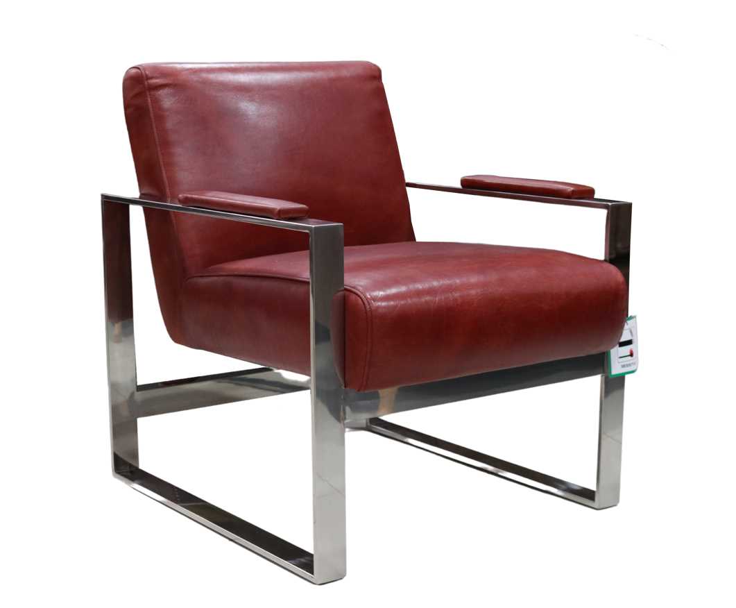 Product photograph of Art Deco Handmade Distressed Rouge Red Leather And Stainless Steel Armchair In Stock from Chesterfield Sofas