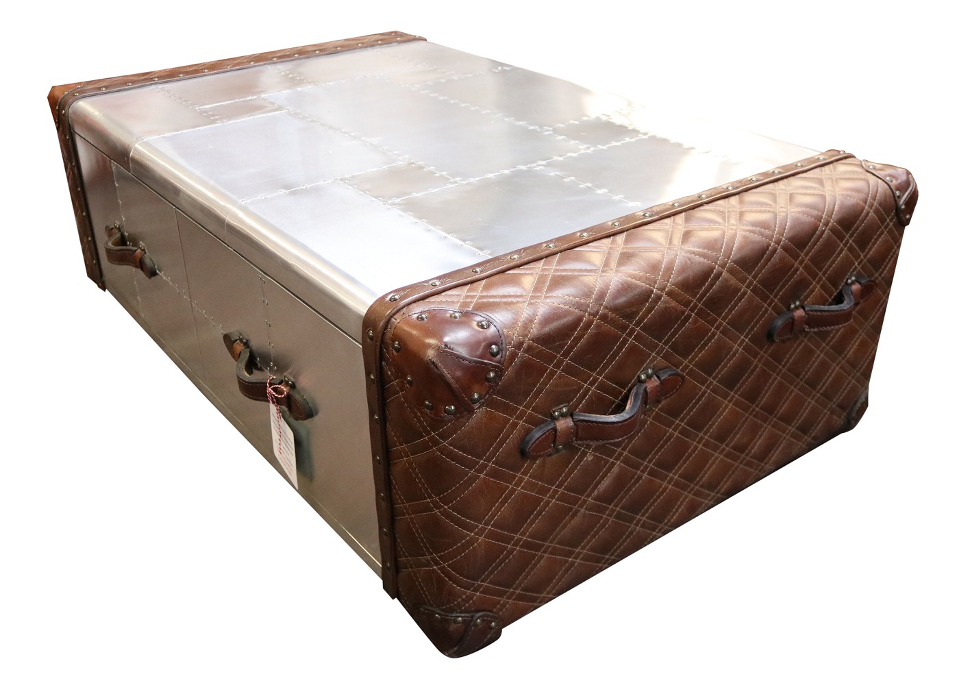 Product photograph of Aviator 2 Drawer Coffee Table Vintage Metal Aluminium Brown Real Leather from Chesterfield Sofas