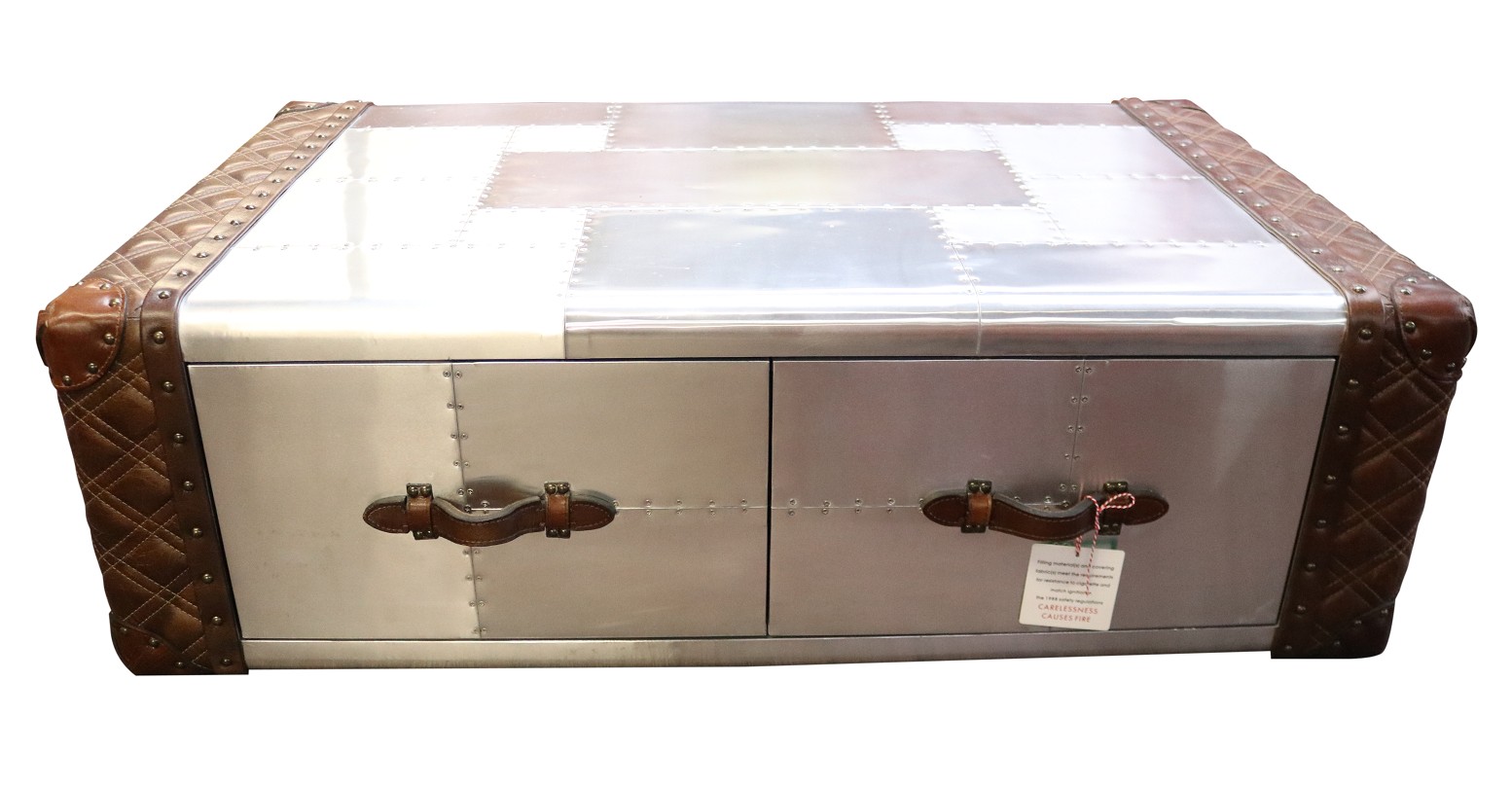 Product photograph of Aviator 2 Drawer Coffee Table Vintage Metal Aluminium Brown Real Leather from Chesterfield Sofas.