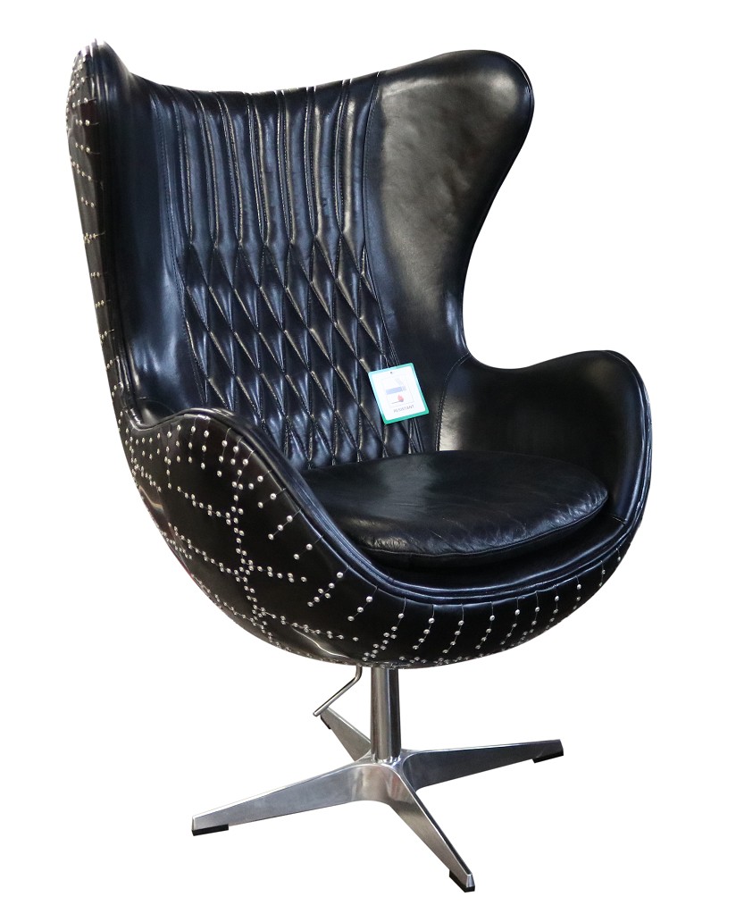 Product photograph of Aviator Aviation Swivel Egg Armchair Aluminium Vintage Black Real Distressed Leather from Chesterfield Sofas