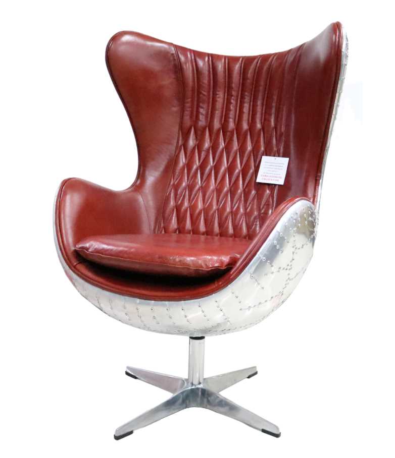 Product photograph of Aviator Aviation Swivel Egg Armchair Aluminium Vintage Rouge Red Real Distressed Leather from Chesterfield Sofas.