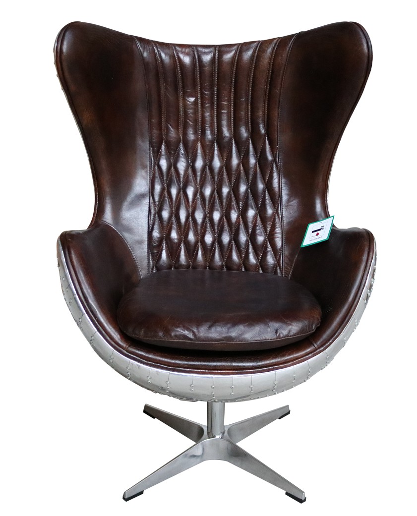 Product photograph of Aviator Aviation Swivel Egg Armchair Aluminium Vintage Tobacco Brown Distressed Leather from Chesterfield Sofas.