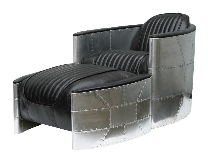Product photograph of Aviator Pilot Vintage Distressed Black Real Leather Chair With Footstool from Chesterfield Sofas