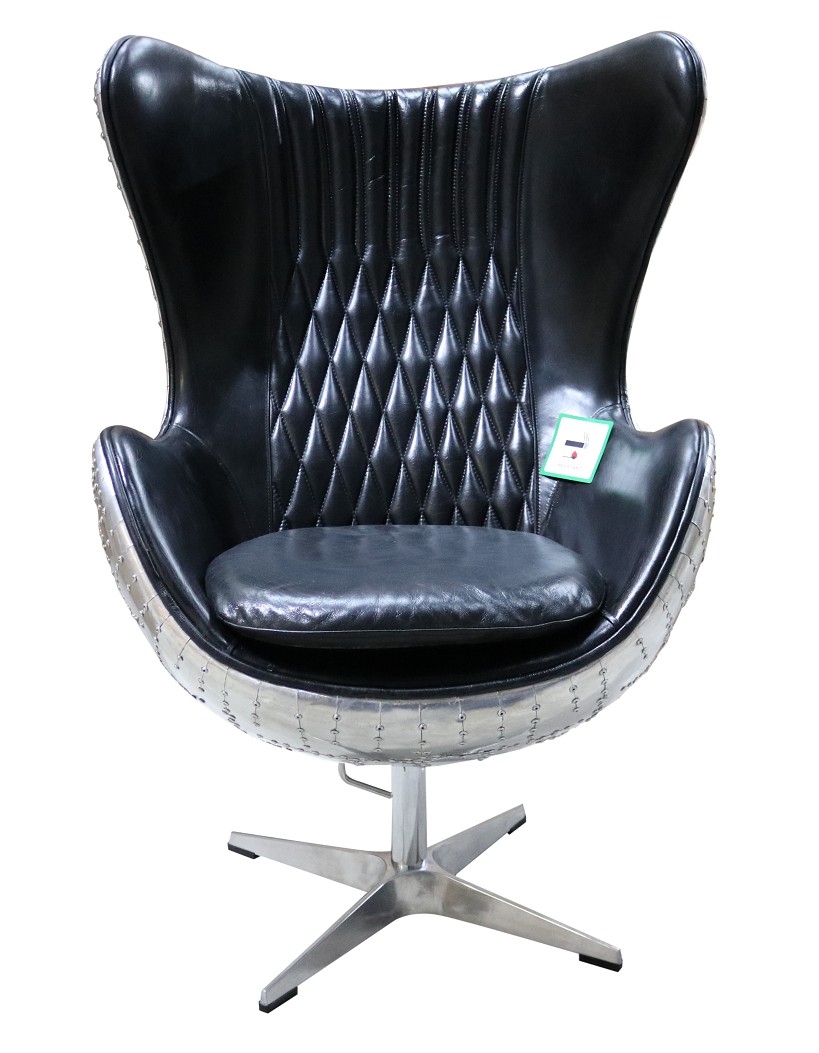 Product photograph of Aviator Retro Swivel Egg Armchair Aluminium Vintage Black Real Distressed Leather from Chesterfield Sofas.