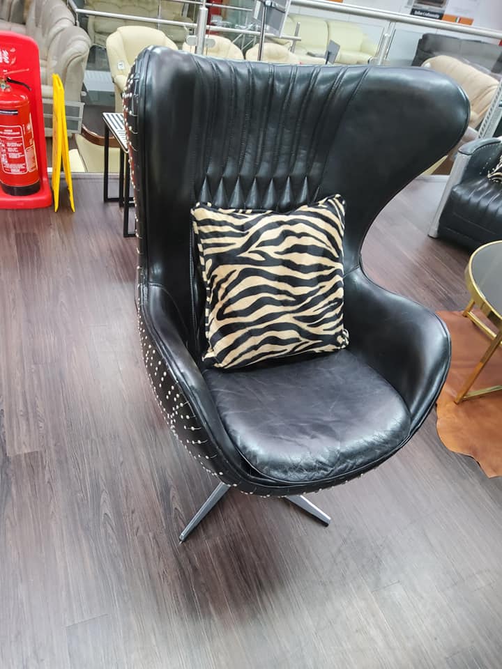 Product photograph of Aviator Aviation Swivel Egg Armchair Aluminium Vintage Black Real Distressed Leather from Chesterfield Sofas.