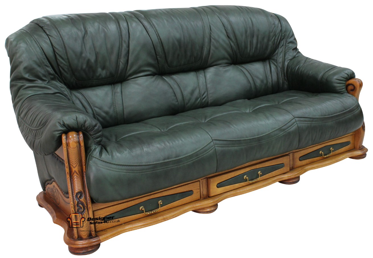 Product photograph of Belgium Handmade 3 Seater Sofa Settee Storage Drawer Genuine Italian Green Real Leather from Chesterfield Sofas.
