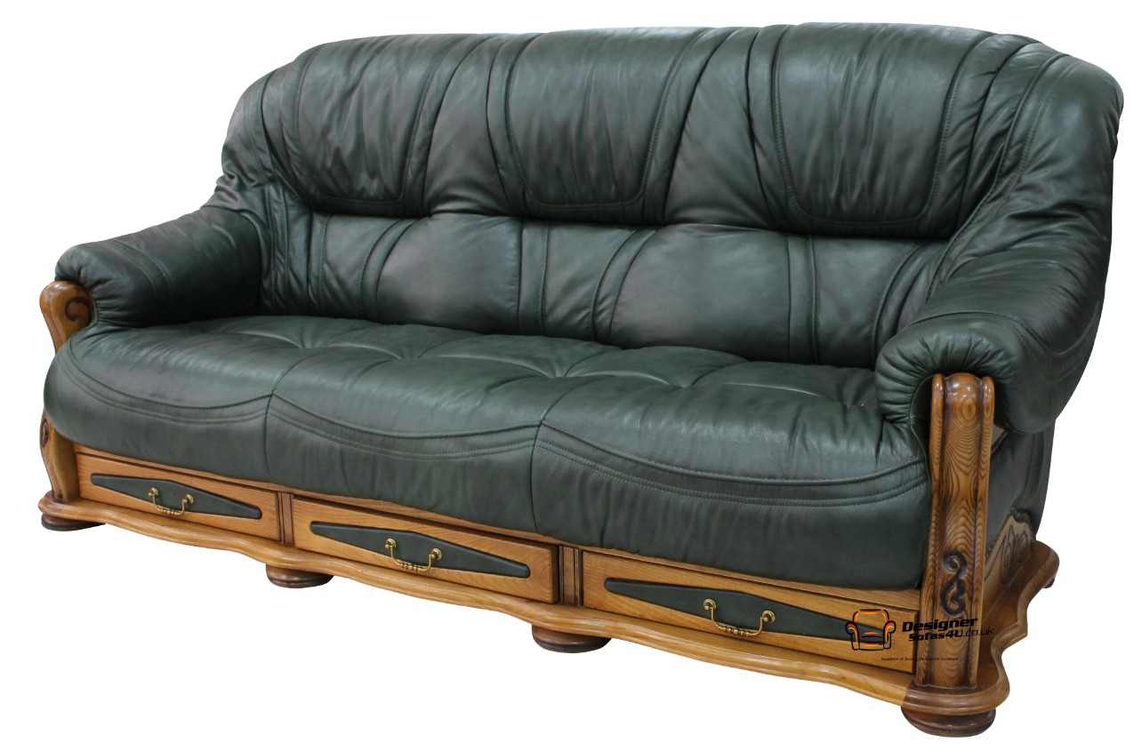 Product photograph of Belgium Handmade 3 Seater Sofa Settee Storage Drawer Genuine Italian Green Real Leather from Chesterfield Sofas.