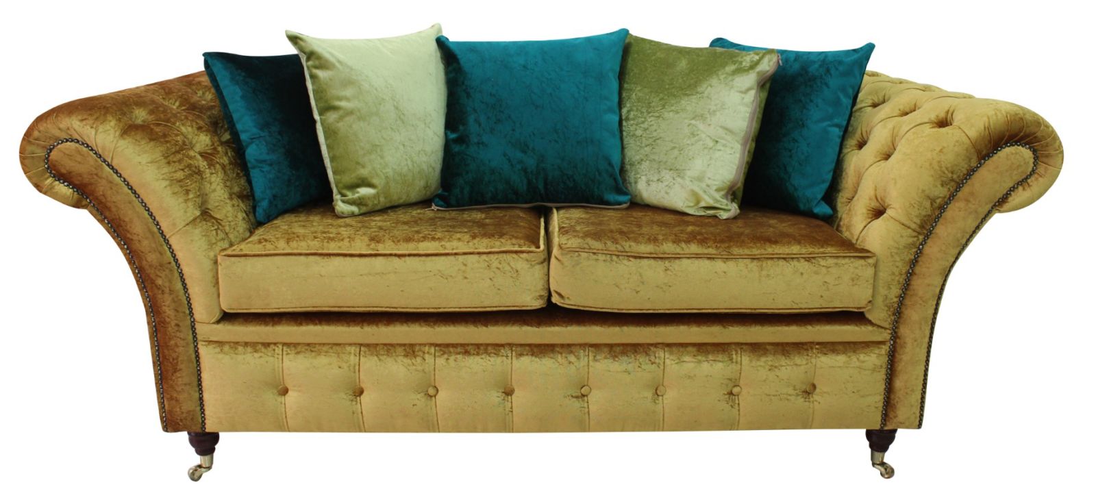 Product photograph of Chesterfield 2 5 Seater Boutique Gold Crush Velvet Fabric Sofa With Cushions In Balmoral Style from Chesterfield Sofas