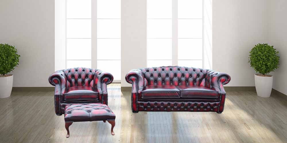 Product photograph of Chesterfield 2 1 Footstool Antique Oxblood Red Leather Sofa Suite In Buckingham Style from Chesterfield Sofas