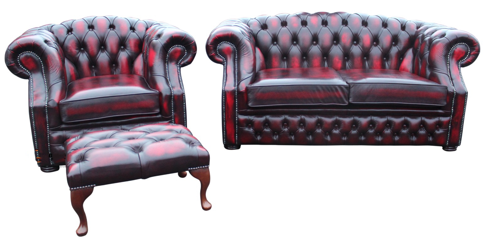 Product photograph of Chesterfield 2 1 Footstool Antique Oxblood Red Leather Sofa Suite In Buckingham Style from Chesterfield Sofas.