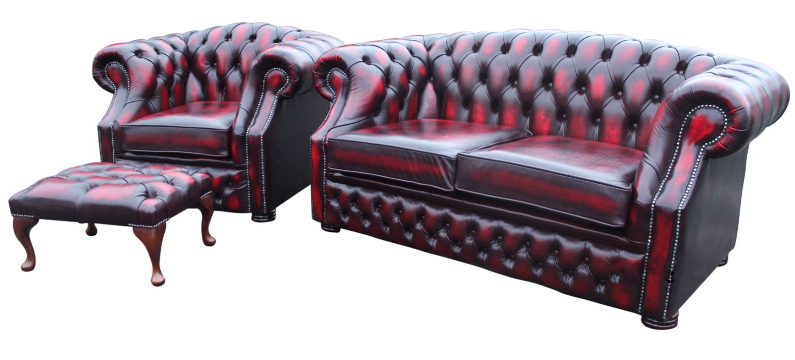 Product photograph of Chesterfield 2 1 Footstool Antique Oxblood Red Leather Sofa Suite In Buckingham Style from Chesterfield Sofas.
