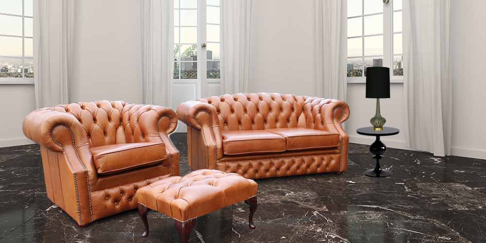 Product photograph of Chesterfield 2 1 Footstool Old English Tan Leather Sofa Suite In Buckingham Style from Chesterfield Sofas