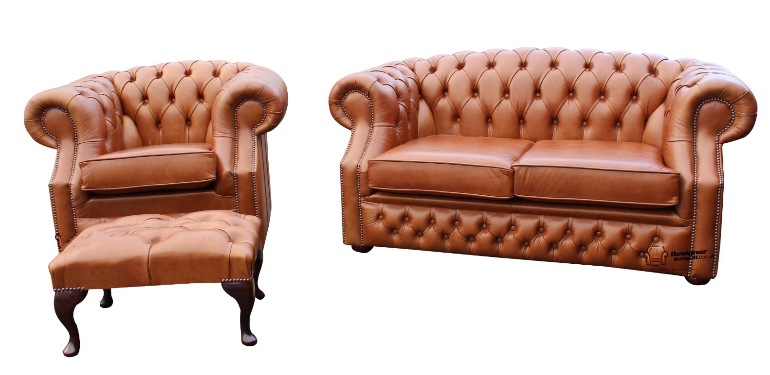 Product photograph of Chesterfield 2 1 Footstool Old English Tan Leather Sofa Suite In Buckingham Style from Chesterfield Sofas.