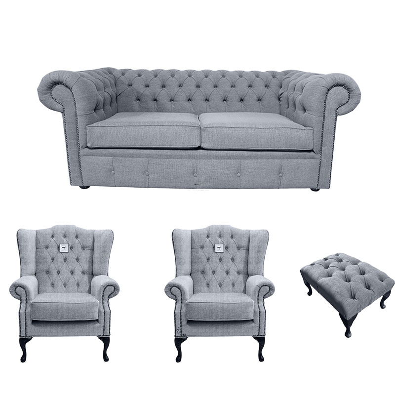Product photograph of Chesterfield 2 Seater 2 X Mallory Chair Footstool Verity Plain Steel Grey Fabric Sofa Suite from Chesterfield Sofas