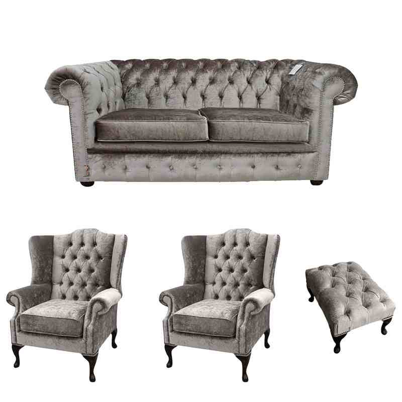 Product photograph of Chesterfield 2 Seater 2 X Mallory Chair Footstool Verity Silver Fabric Sofa Suite from Chesterfield Sofas