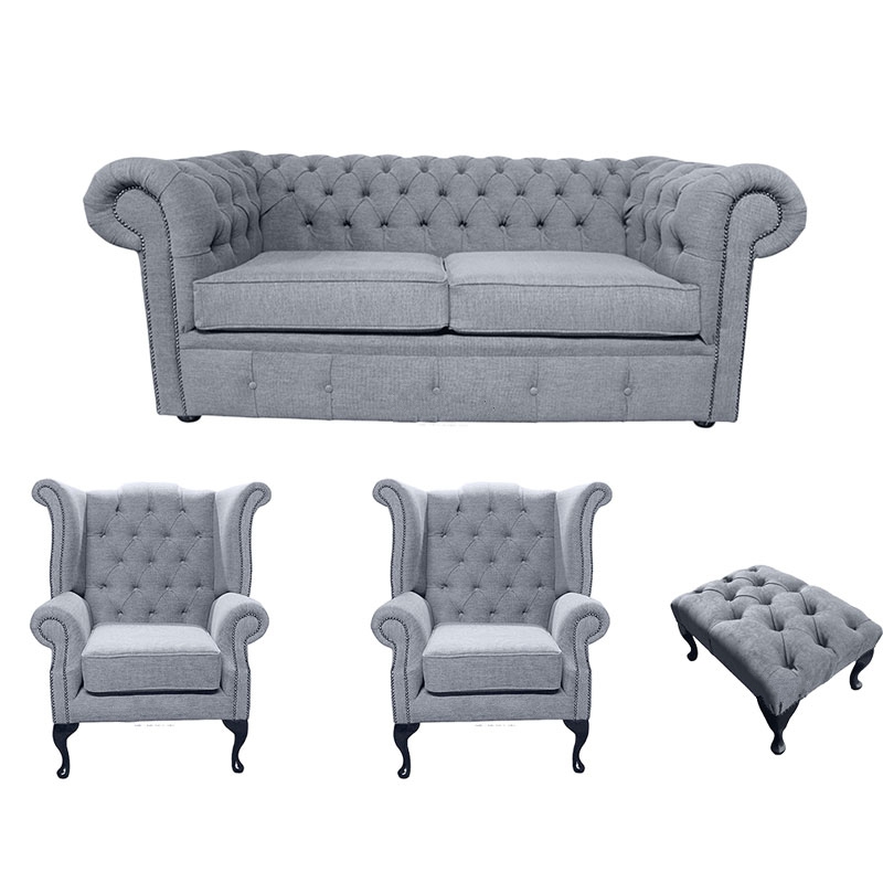 Product photograph of Chesterfield 2 Seater 2 X Queen Anne Chairs Footstool Verity Plain Steel Grey Fabric Sofa Suite from Chesterfield Sofas