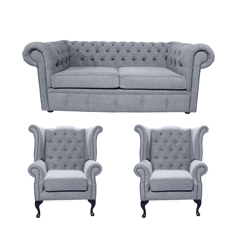 Product photograph of Chesterfield 2 Seater 2 X Queen Anne Chairs Verity Plain Steel Grey Fabric Sofa Suite from Chesterfield Sofas