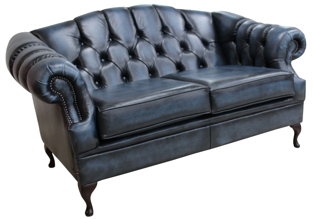 Product photograph of Chesterfield 2 Seater Antique Blue Leather Sofa Settee Custom Made In Victoria Style from Chesterfield Sofas.