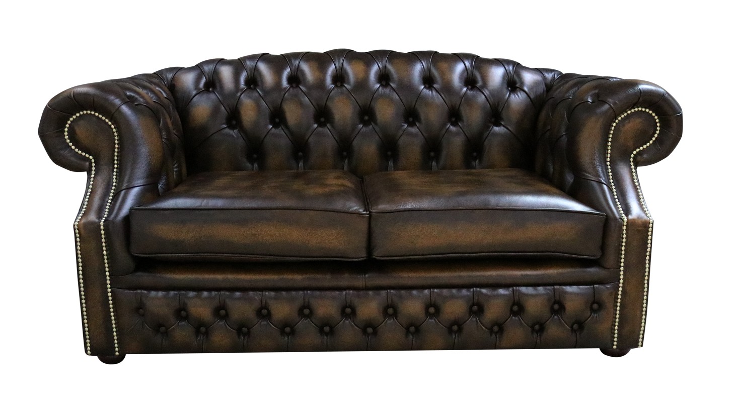 Product photograph of Chesterfield 2 Seater Antique Gold Leather Sofa Bespoke In Buckingham Style from Chesterfield Sofas