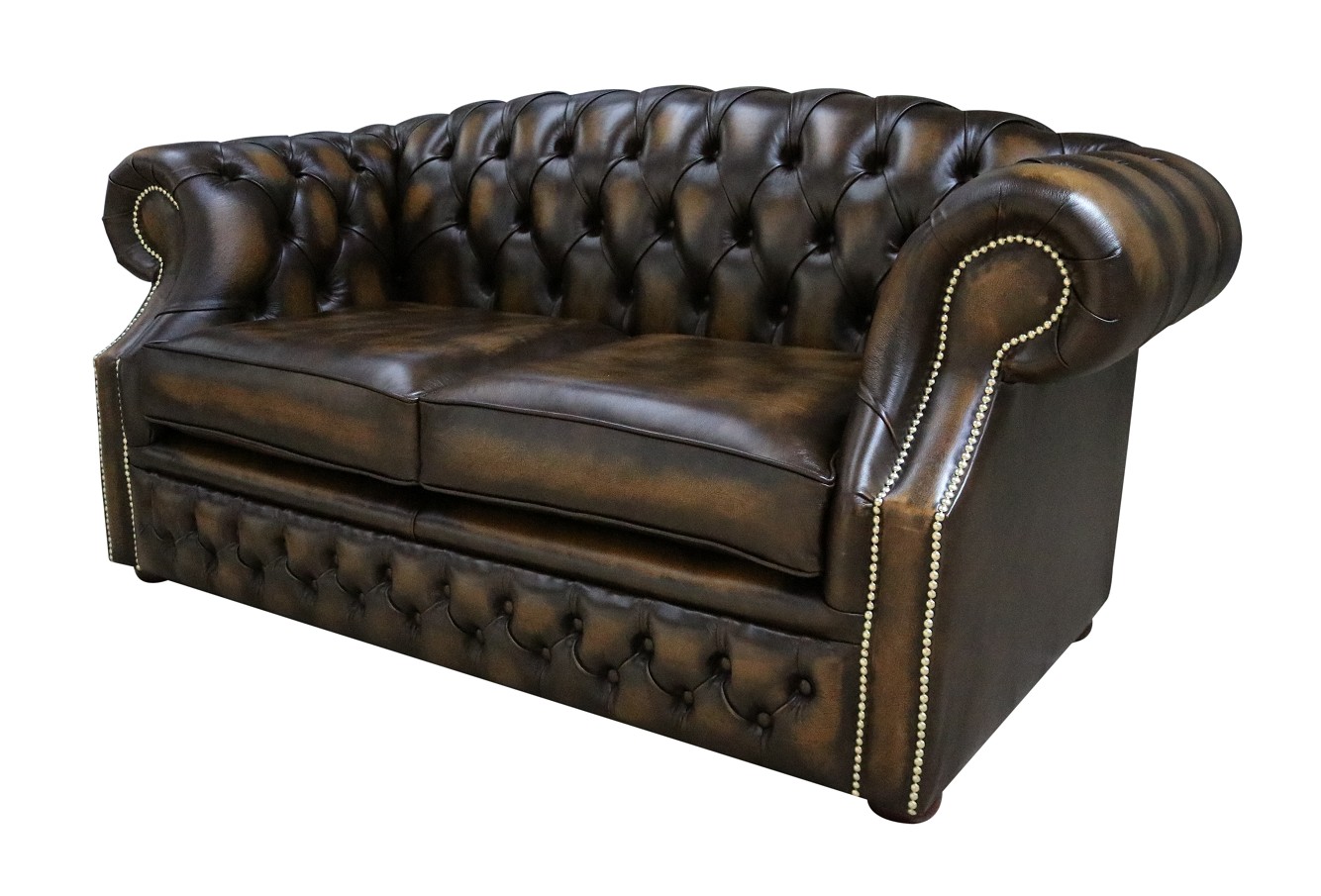 Product photograph of Chesterfield 2 Seater Antique Gold Leather Sofa Bespoke In Buckingham Style from Chesterfield Sofas.
