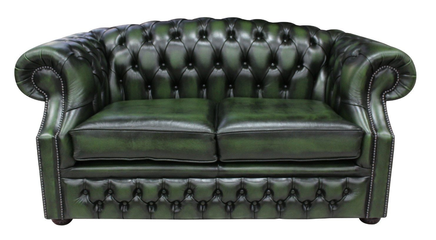 Product photograph of Chesterfield 2 Seater Antique Green Leather Sofa Bespoke In Buckingham Style from Chesterfield Sofas