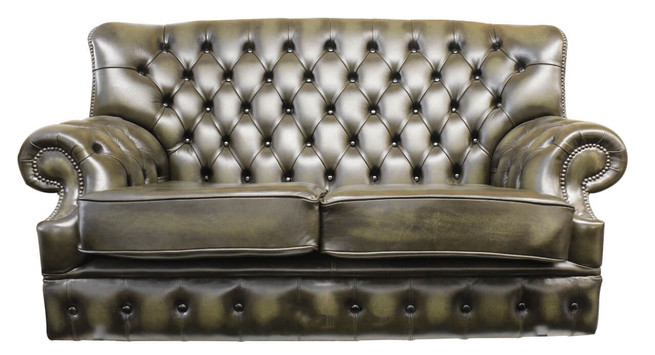 Product photograph of Chesterfield 2 Seater Antique Green Leather Sofa Bespoke In Monks Style from Chesterfield Sofas.