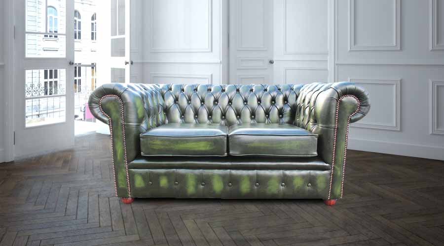 Product photograph of Chesterfield 2 Seater Antique Green Real Leather Sofa Settee In Classic Style from Chesterfield Sofas