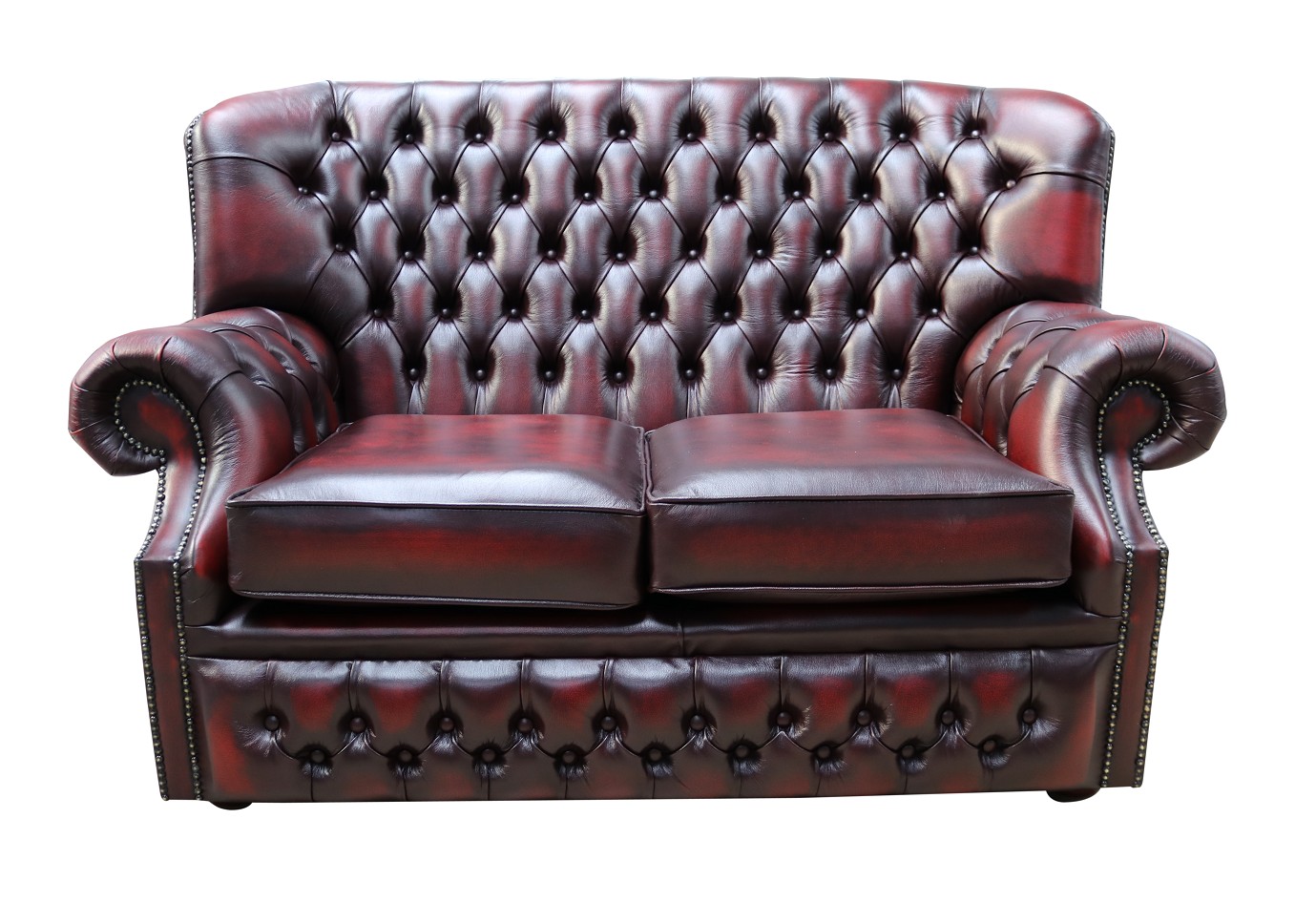 Product photograph of Chesterfield 2 Seater Antique Oxblood Red Leather Sofa Bespoke In Monks Style from Chesterfield Sofas