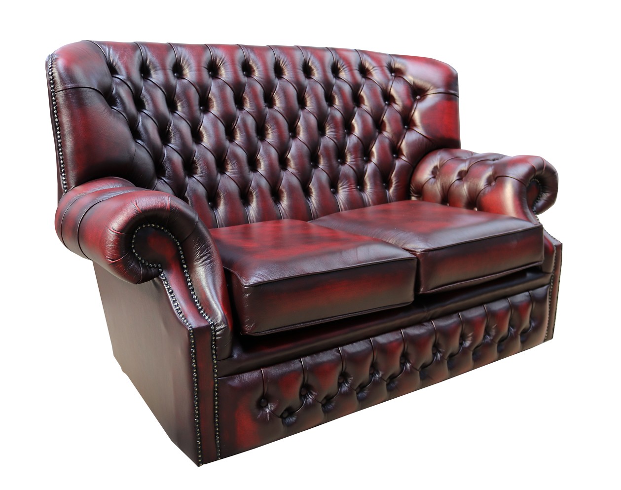 Product photograph of Chesterfield 2 Seater Antique Oxblood Red Leather Sofa Bespoke In Monks Style from Chesterfield Sofas.