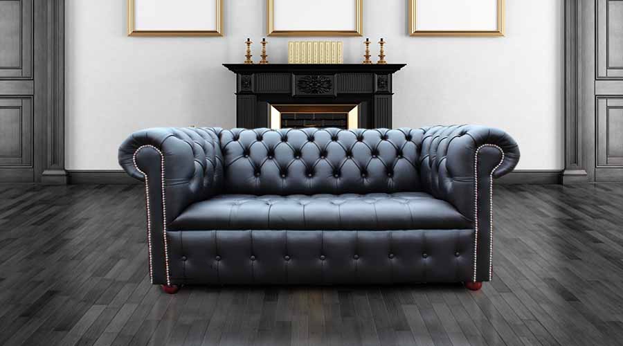 Product photograph of Chesterfield 2 Seater Buttoned Seat Silver Stud Sofa Black Real Leather In Classic Style from Chesterfield Sofas