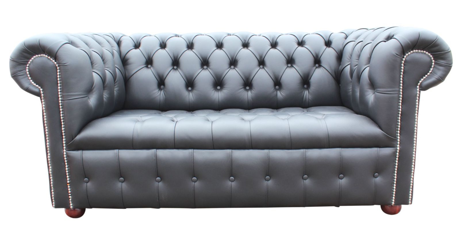 Product photograph of Chesterfield 2 Seater Buttoned Seat Silver Stud Sofa Black Real Leather In Classic Style from Chesterfield Sofas.