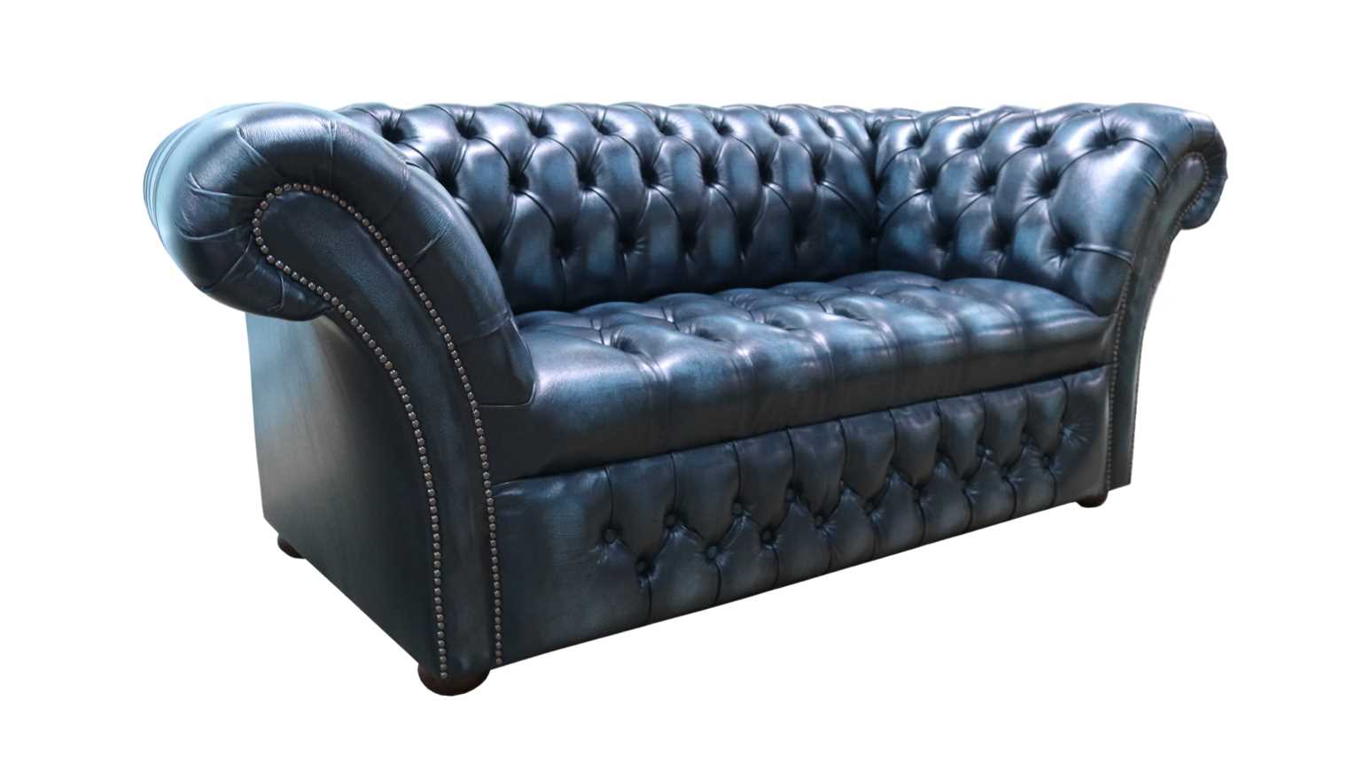 Product photograph of Chesterfield 2 Seater Buttoned Seat Sofa Antique Blue Leather Dbb In Balmoral Style from Chesterfield Sofas.