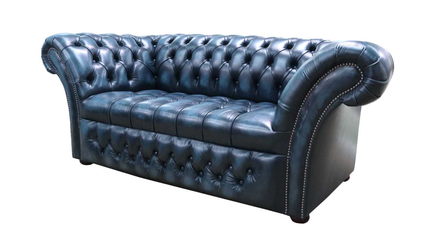 Product photograph of Chesterfield 2 Seater Buttoned Seat Sofa Antique Blue Leather Dbb In Balmoral Style from Chesterfield Sofas.