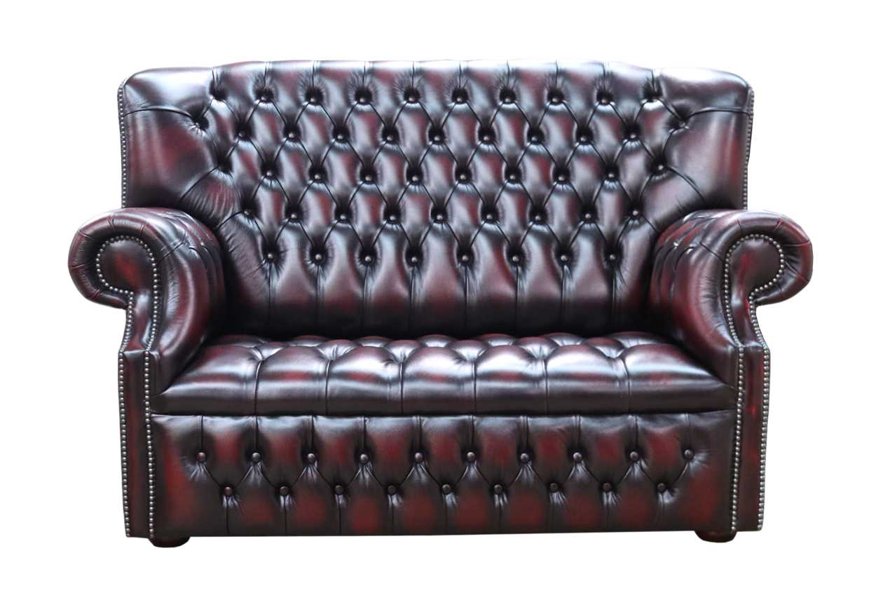 Product photograph of Chesterfield 2 Seater Buttoned Seat Sofa Antique Oxblood Leather In Monks Style from Chesterfield Sofas