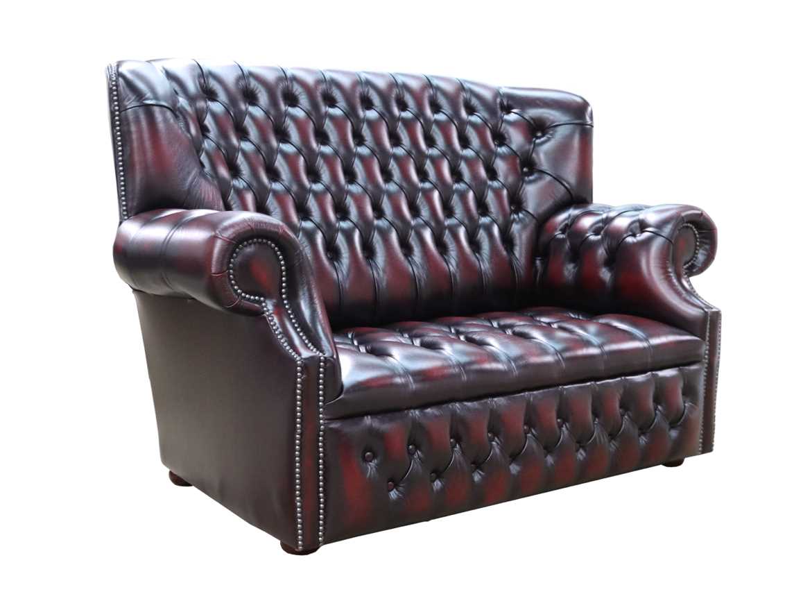 Product photograph of Chesterfield 2 Seater Buttoned Seat Sofa Antique Oxblood Leather In Monks Style from Chesterfield Sofas.