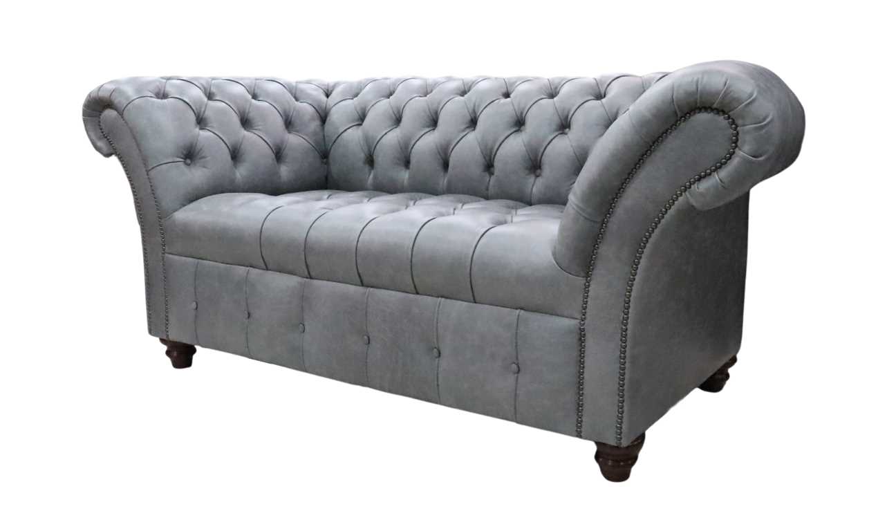 Product photograph of Chesterfield 2 Seater Buttoned Seat Sofa Vintage Cracked Wax Ash Grey Leather In Balmoral Style from Chesterfield Sofas.