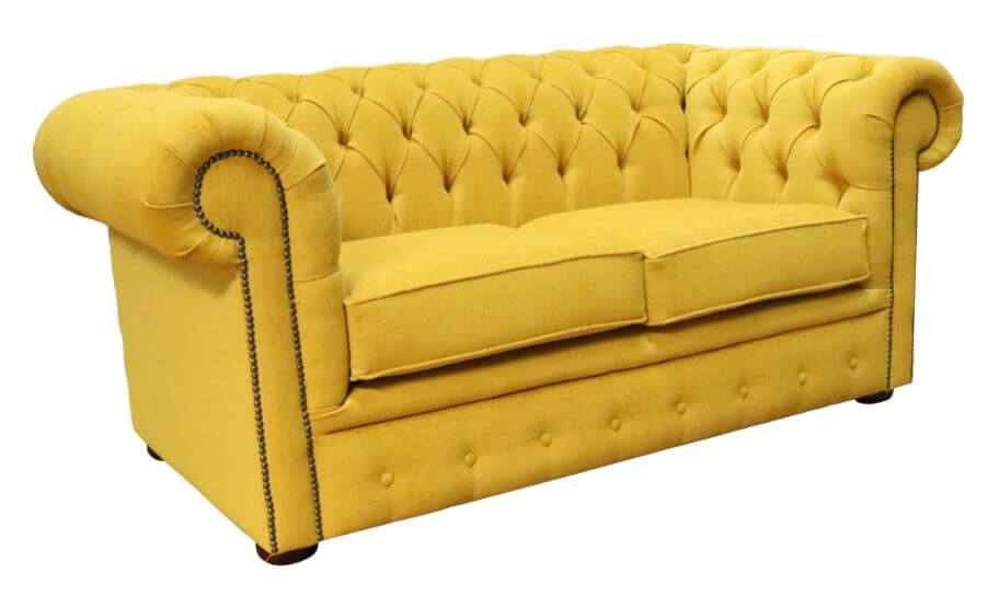 Product photograph of Chesterfield 2 Seater Cantare Mustard Yellow Easy Clean Fabric Sofa In Classic Style from Chesterfield Sofas.