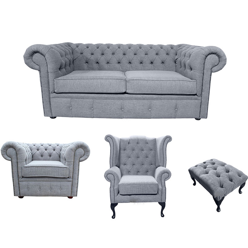 Product photograph of Chesterfield 2 Seater Club Chair Queen Anne Chair Footstool Verity Plain Steel Grey Fabric Sofa Suite from Chesterfield Sofas
