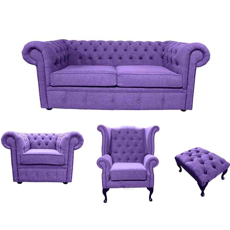 Product photograph of Chesterfield 2 Seater Club Chair Queen Anne Chair Footstool Verity Purple Fabric Sofa Suite from Chesterfield Sofas