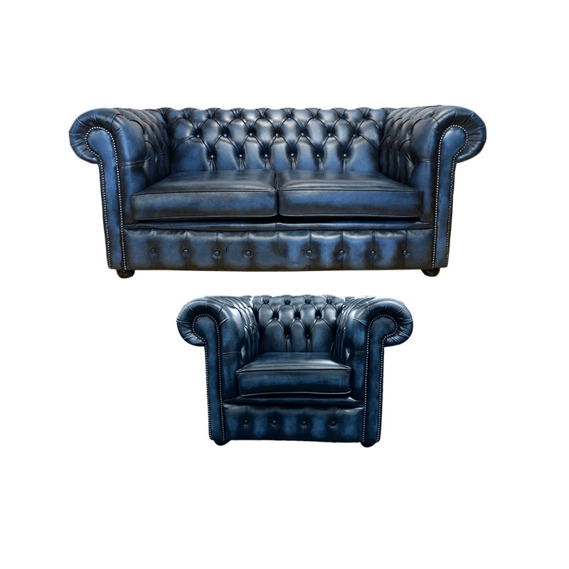 Product photograph of Chesterfield 2 Seater Club Chair Sofa Suite Antique Blue Real Leather In Classic Style from Chesterfield Sofas