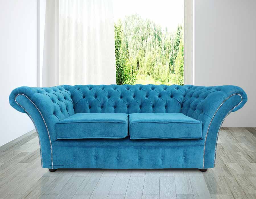 Product photograph of Chesterfield 2 Seater Danza Teal Blue Fabric Sofa Settee In Balmoral Style from Chesterfield Sofas
