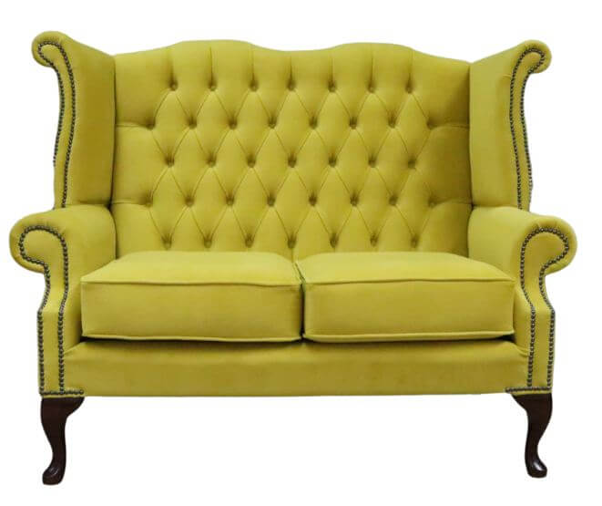 Product photograph of Chesterfield 2 Seater High Back Sofa Amalfi Buttercup Yellow Velvet Fabric In Queen Anne Style from Chesterfield Sofas