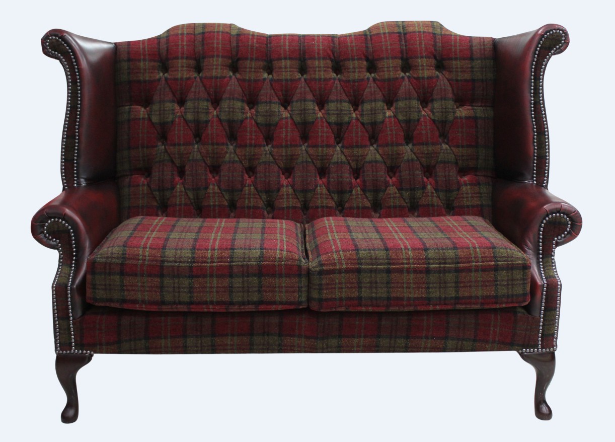 Product photograph of Chesterfield 2 Seater High Back Sofa Lana Terracotta Fabric Antique Oxblood Leather In Queen Anne Style from Chesterfield Sofas