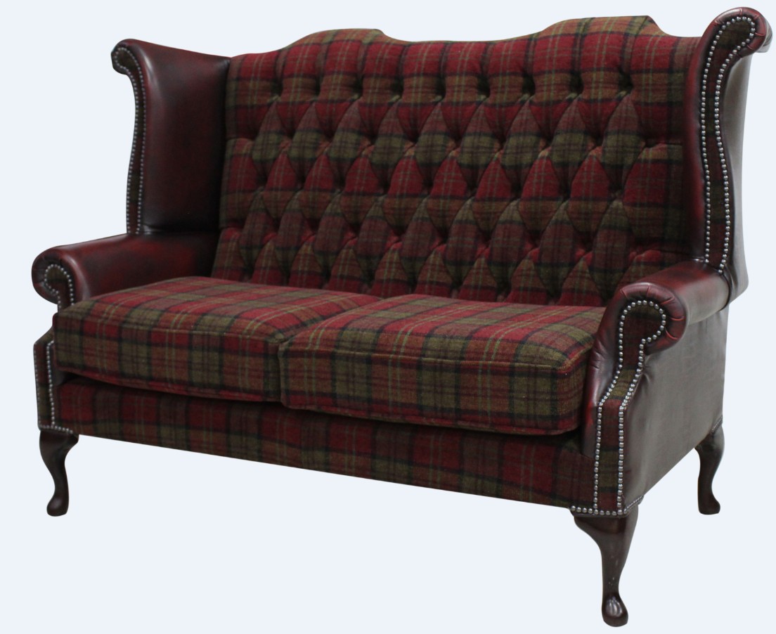 Product photograph of Chesterfield 2 Seater High Back Sofa Lana Terracotta Fabric Antique Oxblood Leather In Queen Anne Style from Chesterfield Sofas.