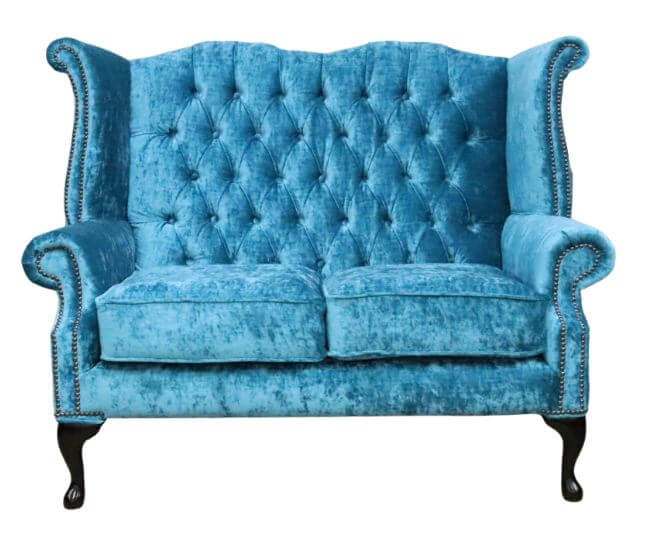 Product photograph of Chesterfield 2 Seater High Back Sofa Modena Peacock Blue Velvet Fabric In Queen Anne Style from Chesterfield Sofas