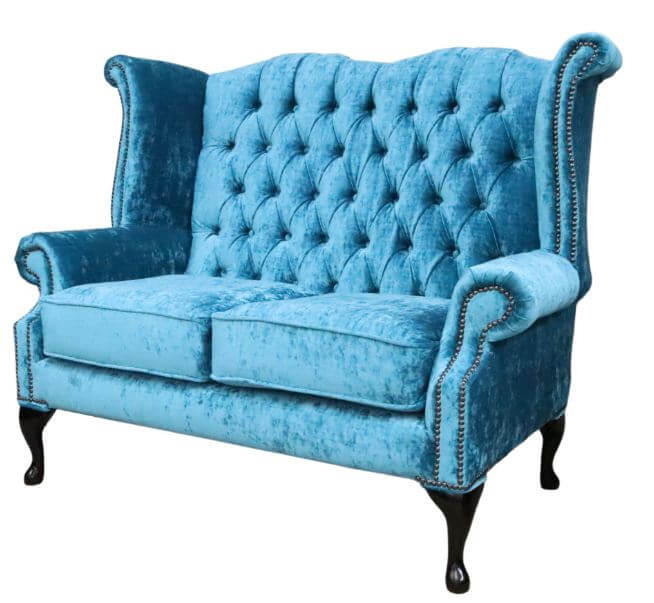 Product photograph of Chesterfield 2 Seater High Back Sofa Modena Peacock Blue Velvet Fabric In Queen Anne Style from Chesterfield Sofas.