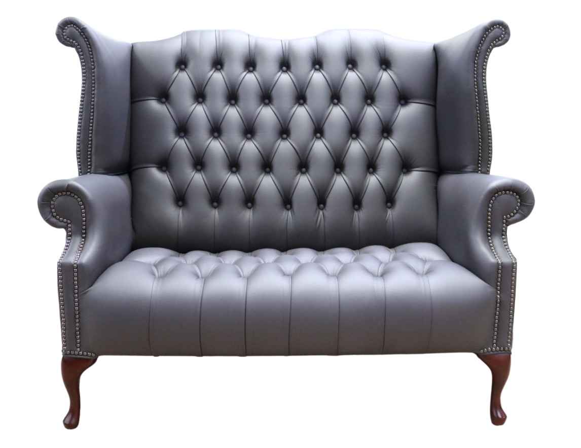 Product photograph of Chesterfield 2 Seater High Back Wing Chair Sofa Burnt Oak Leather In Queen Anne Style from Chesterfield Sofas