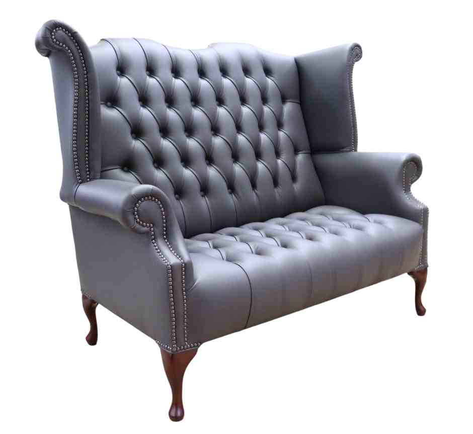 Product photograph of Chesterfield 2 Seater High Back Wing Chair Sofa Burnt Oak Leather In Queen Anne Style from Chesterfield Sofas.