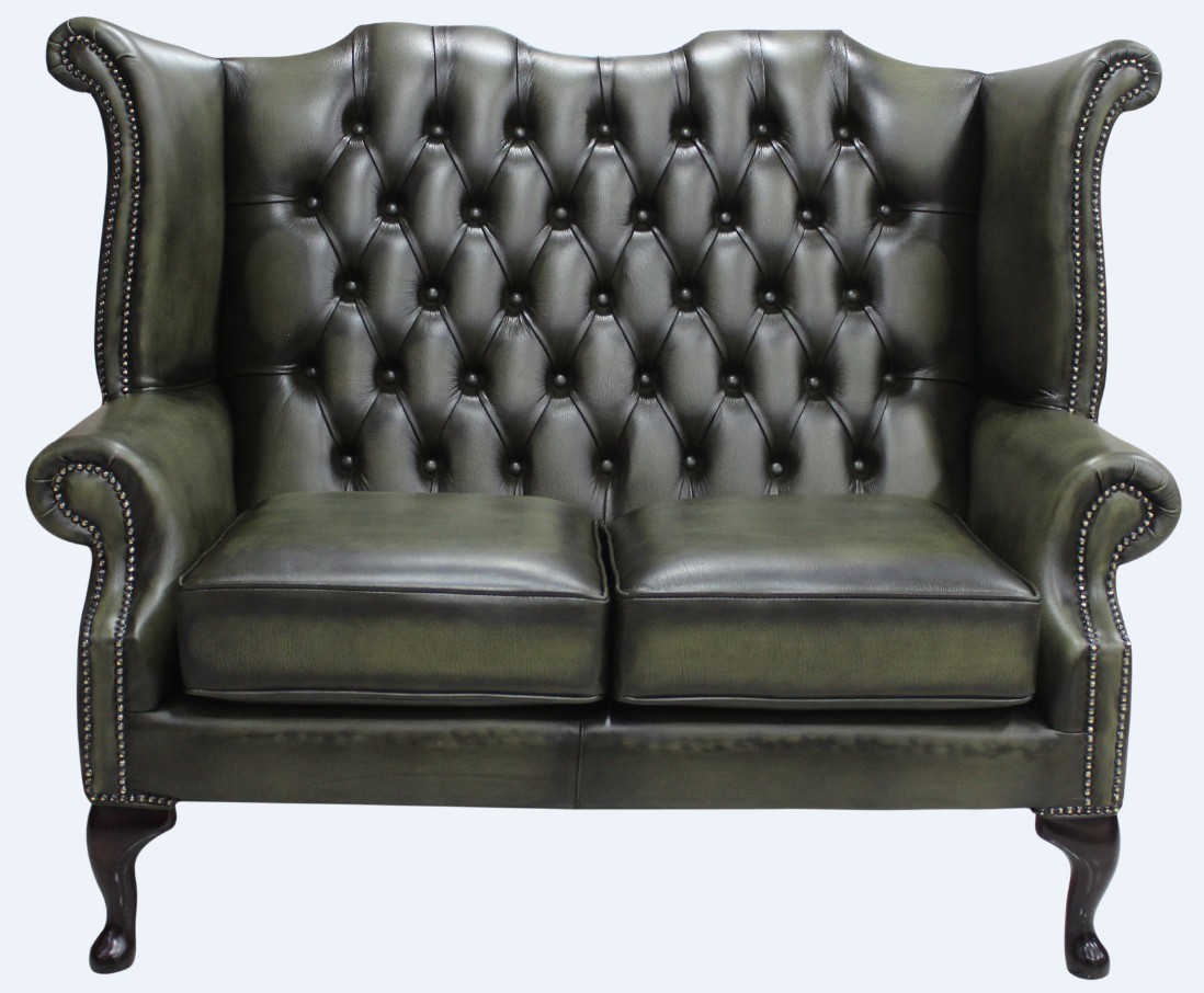 Product photograph of Chesterfield 2 Seater High Back Wing Sofa Antique Olive Leather In Queen Anne Style from Chesterfield Sofas